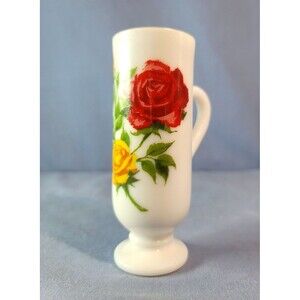AVON Milk Glass Red & Yellow Roses Vintage White Handled Pedestal Bud Vase 5''H